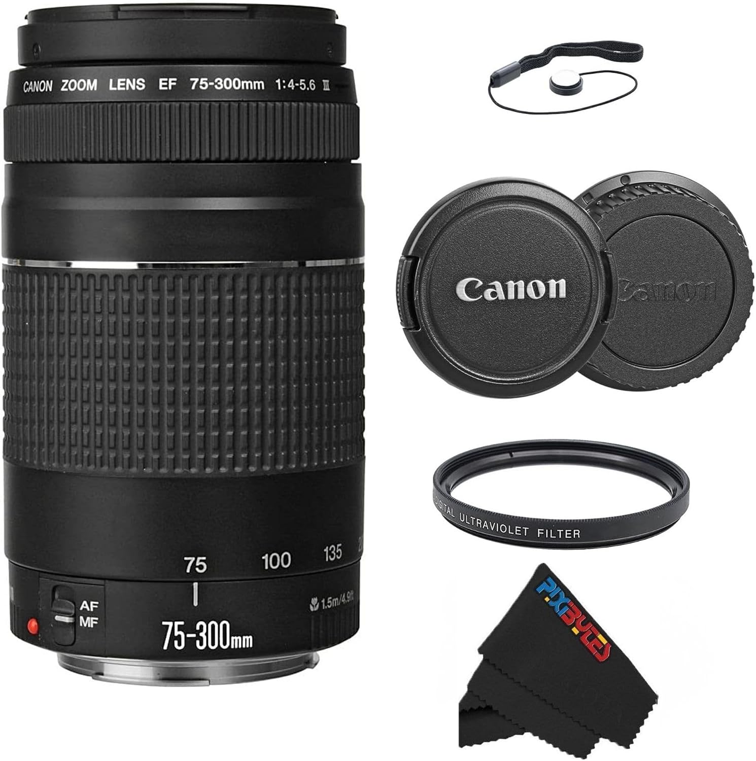 Canon EF 75-300mm f/4-5.6 III Telephoto Zoom Lens for Canon SLR Cameras, 6473A003 (Renewed) (Lens w/Pixibytes Basic Bundle)