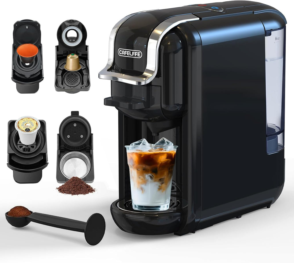 CAFELFFE MK-603 Mini Multi Pod Coffee Maker, 4 in 1 Hot/Cold Single Serve Capsule Espresso Machine, Compatible with K Cup* Pods, Nes* Original,DG* Capsules and Ground Coffee, Fast Brew, Black