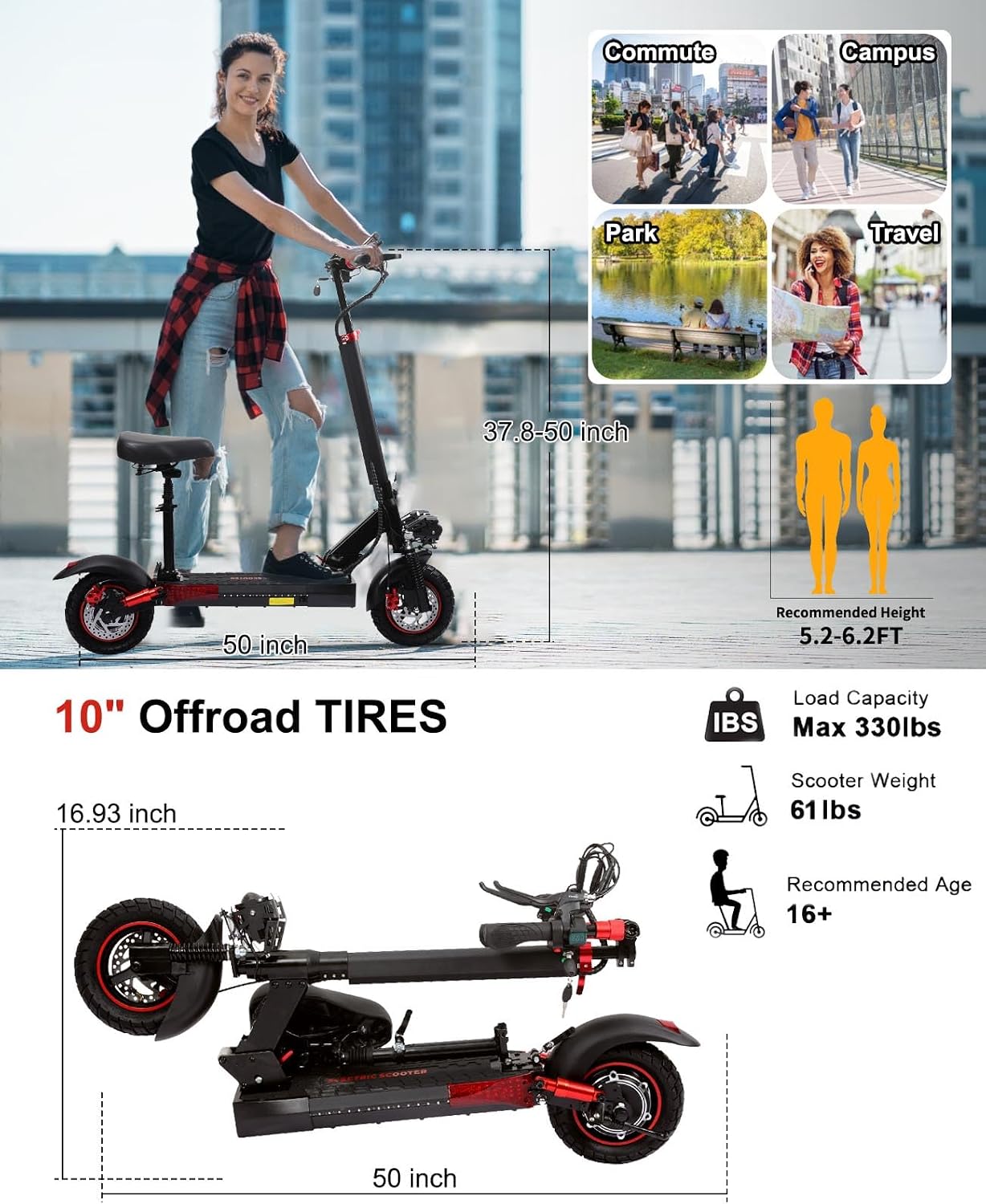 Offroad Electric Scooter Adults with Seat - 28-34 Miles Long Range & 25/34 Mph Fast Electric Scooters, 1200W All Terrian Escooter for Adult,Height Adjustable,Dual Suspensions Foldable Scooter