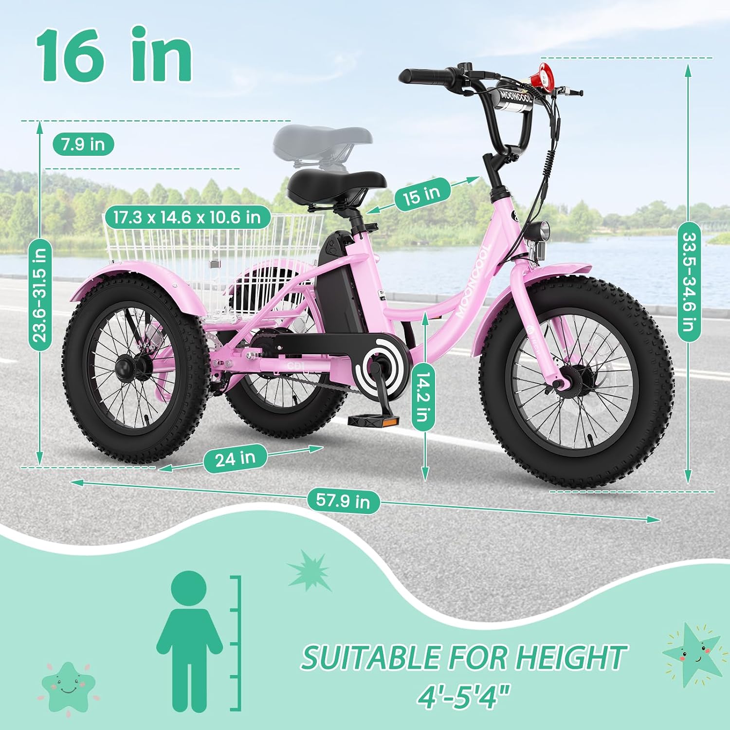 LILYPELLE Electric Tricycle for Youth, 250W Aluminum Frame Electric Tricycle Etrike, 16IN 3 Wheels Electric Bicycle Bikes, 3.0 Fat Tire Electric Trike with Removable Battery and Rear Basket