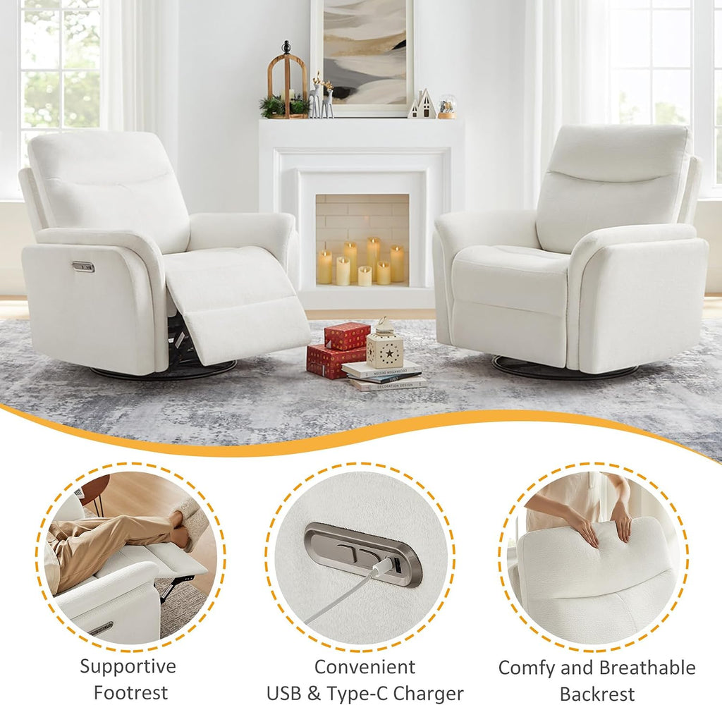 VANOMi Power Recliner Chair Swivel Glider, Electric Rocking Recliner Chairs with USB and Type-C Ports, Nursery Chair Recliner for Living Room, Bedroom, Apartment（White）