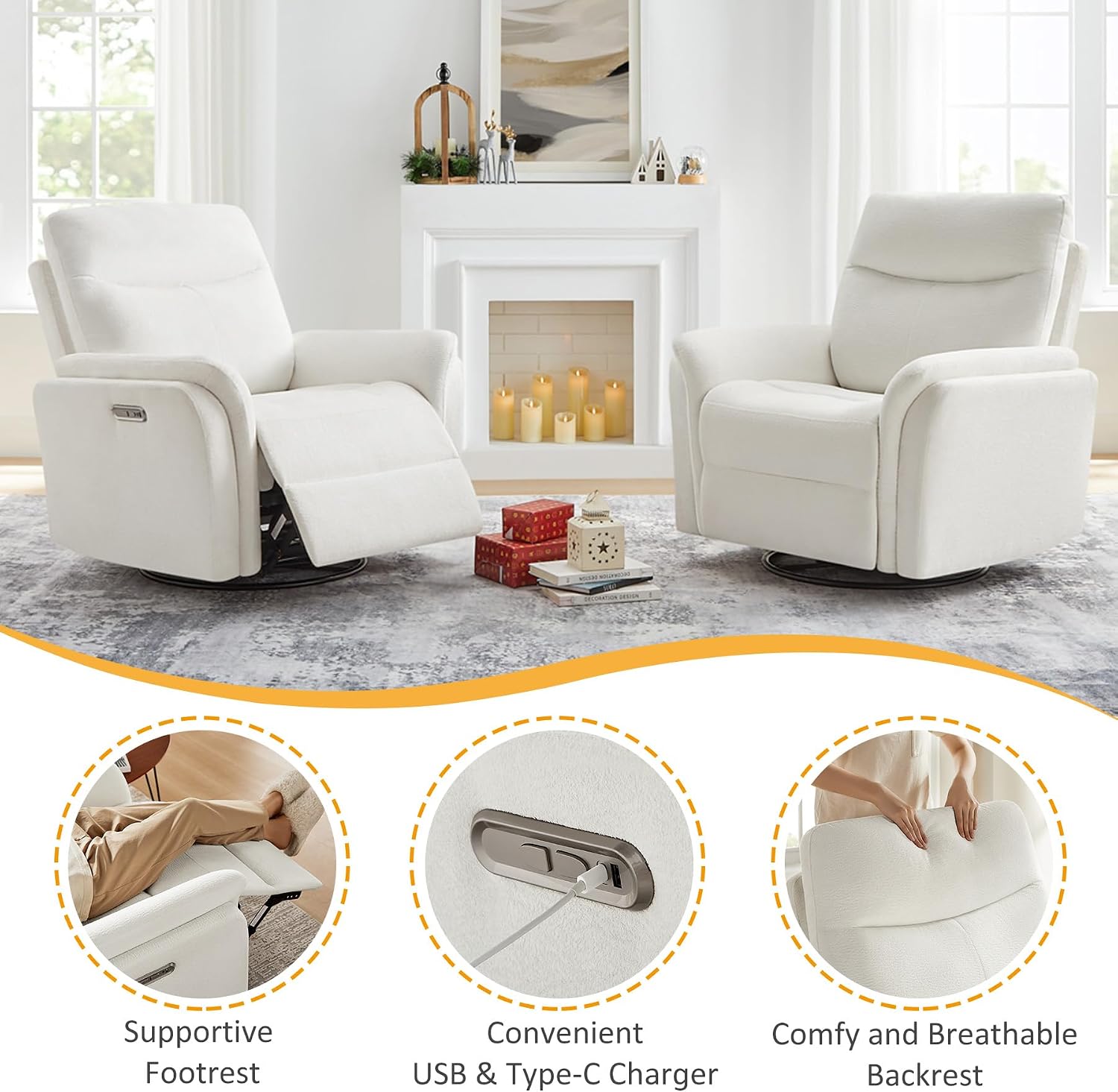 VANOMi Power Recliner Chair Swivel Glider, Electric Rocking Recliner Chairs with USB and Type-C Ports, Nursery Chair Recliner for Living Room, Bedroom, Apartment（White）