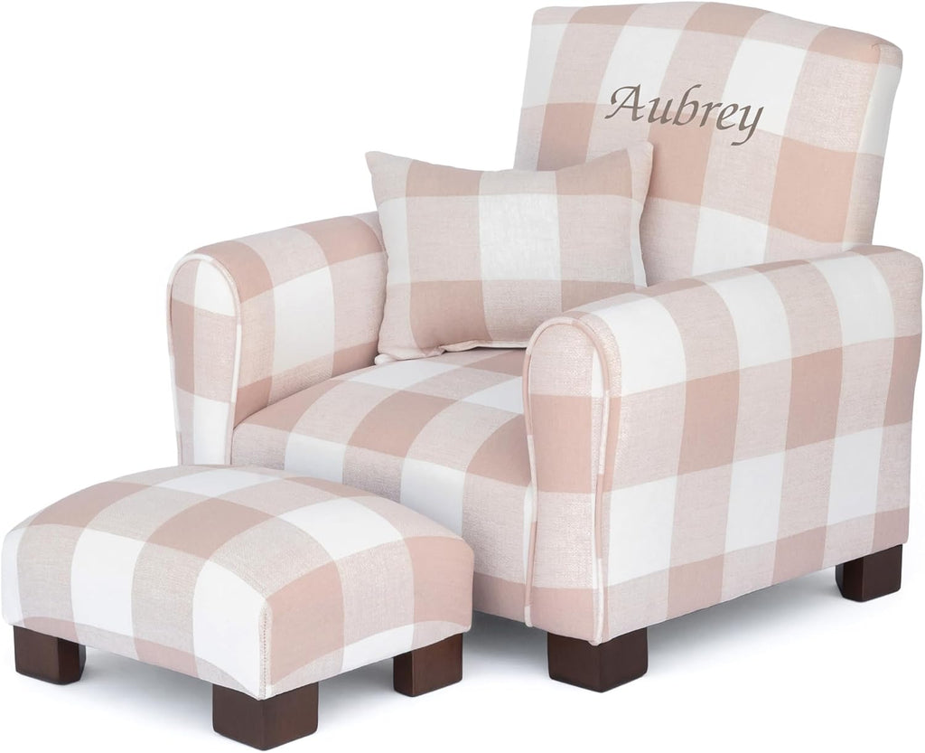 Toddler Personalized Armchair, Kids Upholstered Rocking Chair with Personalization, Toddler Chair with Personalized Name, Comfy Child Armchair (Legs, Blush Check)
