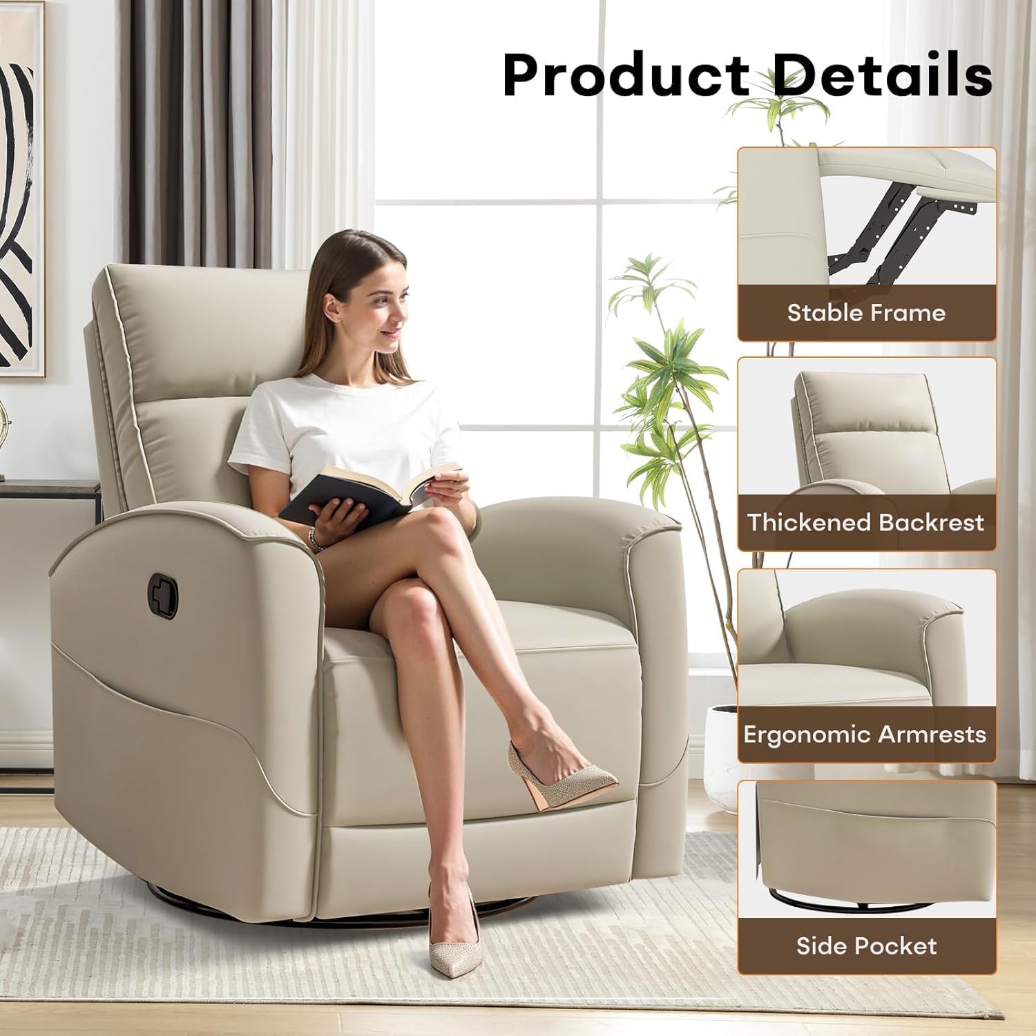 HAOMARKETS Swivel Rocker Recliner Chair, Manual Faux Leather Glider Rocking Recliners for Adults, 360° Swivel Nursery Reclining Sofa with Storage Pocket