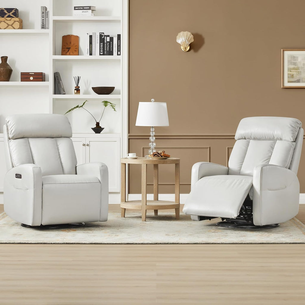 CHITA Leather Power Swivel Recliner Chair for Adults, Triple Motor Electric Rocker Recliner for Living Room with Adjustable Headrest and Lumbar Support, USB & Type-C Charging Ports, Creamy Grey