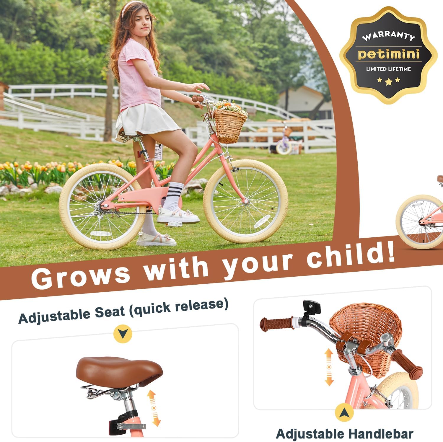 Petimini Vintage Kids Bike for Girls, 12–20 Inch Classic Bicycle with Wicker Basket & Bell, High Tensile Steel Frame, Training Wheels (12–18'), 85% Pre-Assembled, Retro Bike for Outdoor Riding