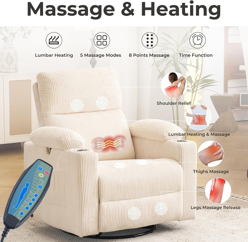 Oversized Power Recliner Chair Swivel Glider with Massage and Heat, Swivel Rocker Recliner with Adjustable Armrests, Nursery Chair with Adjustable Headrest, Rocker Nursery Recliner, Corduroy Beige