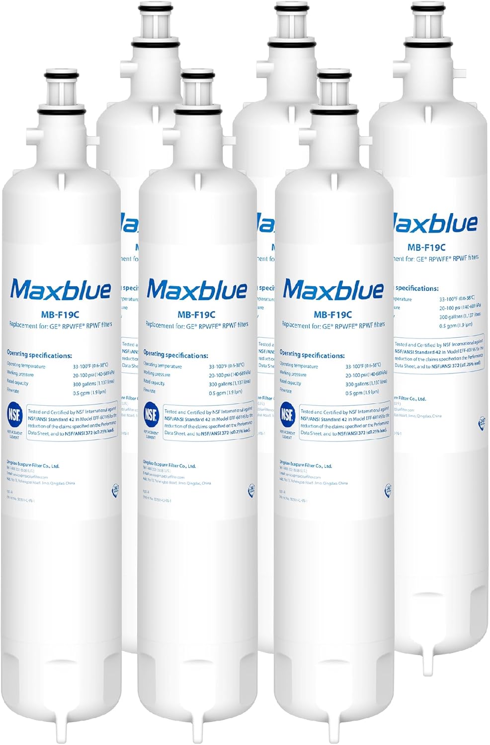 Maxblue MB-F19C Replacement for GE® RPWFE®, RPWF (with CHIP) Refrigerator Water Filter, Compatible with WSG-4, WF277, GFE28GMKES, PFE28KBLTS, GFD28GSLSS, PWE23KSKSS, GYE22HMKES, DFE28JSKSS, 6 Filters