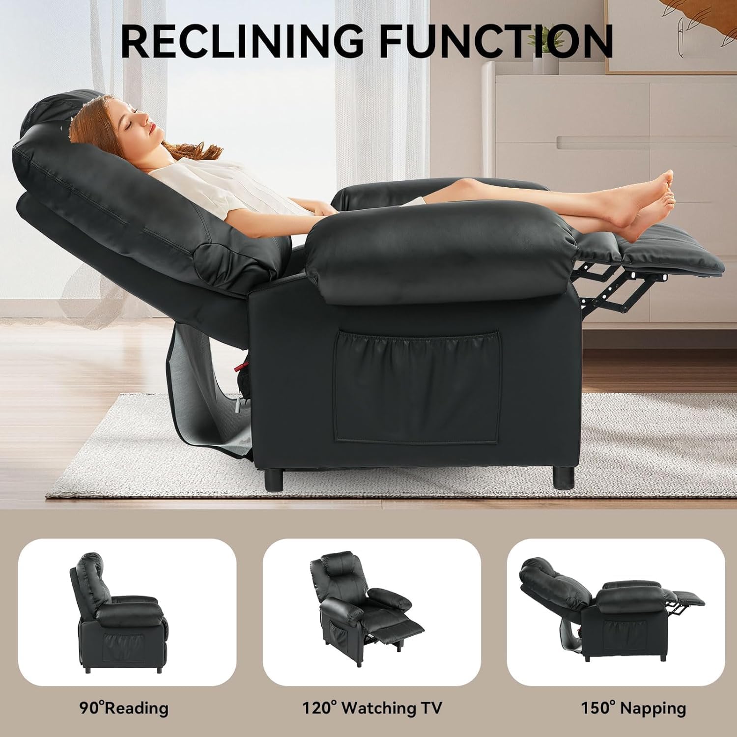 Faux Leather Recliner Chair with Massage and Heat, Mid Century Overstuffed Manual Reclining Chair, Massaging Push Back Recliner Chair Single Sofa for Living Room, Black