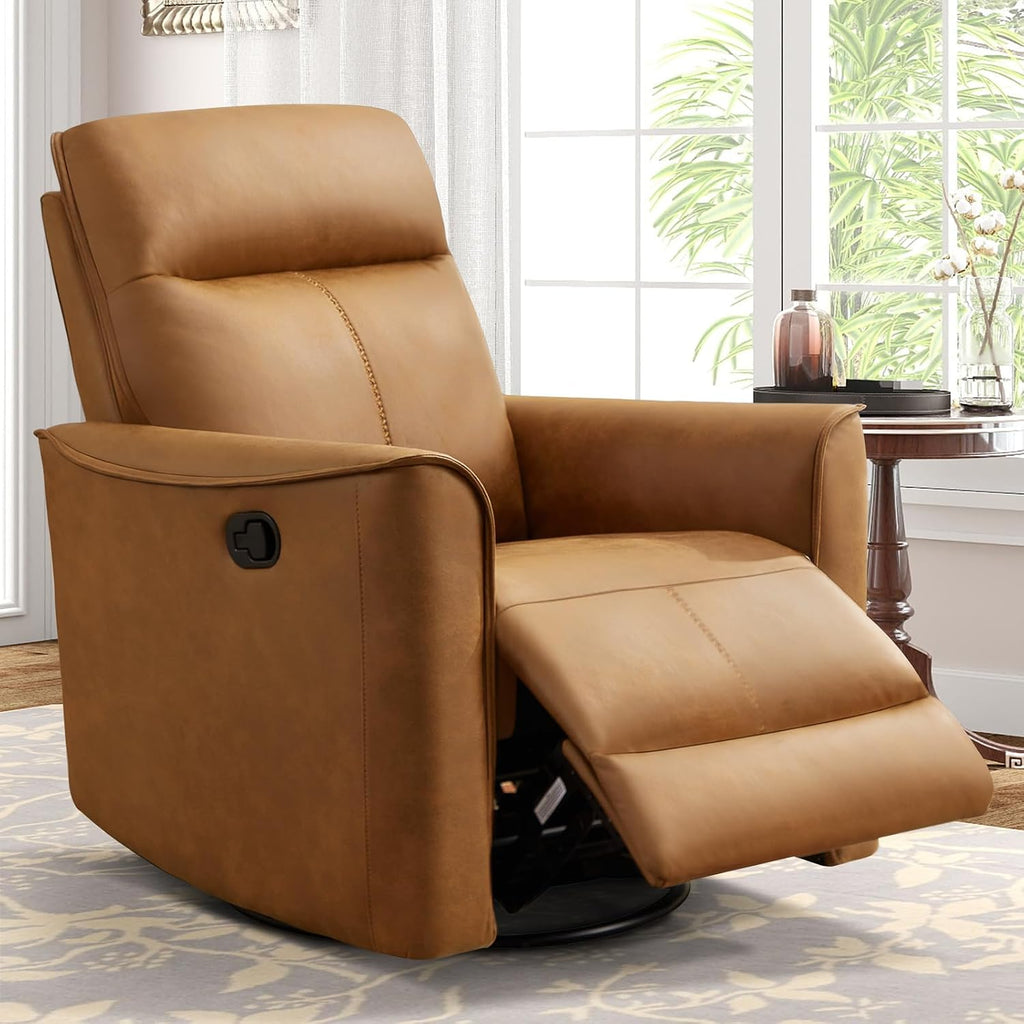 CANMOV Swivel Rocker Recliner, Glider Rocking Chair, Nursing Chairs Swivel Glider Recliners with Soft Backrest, Leathaire Manual Reclining Sofa for Living Room Bedroom Apartment, Brown
