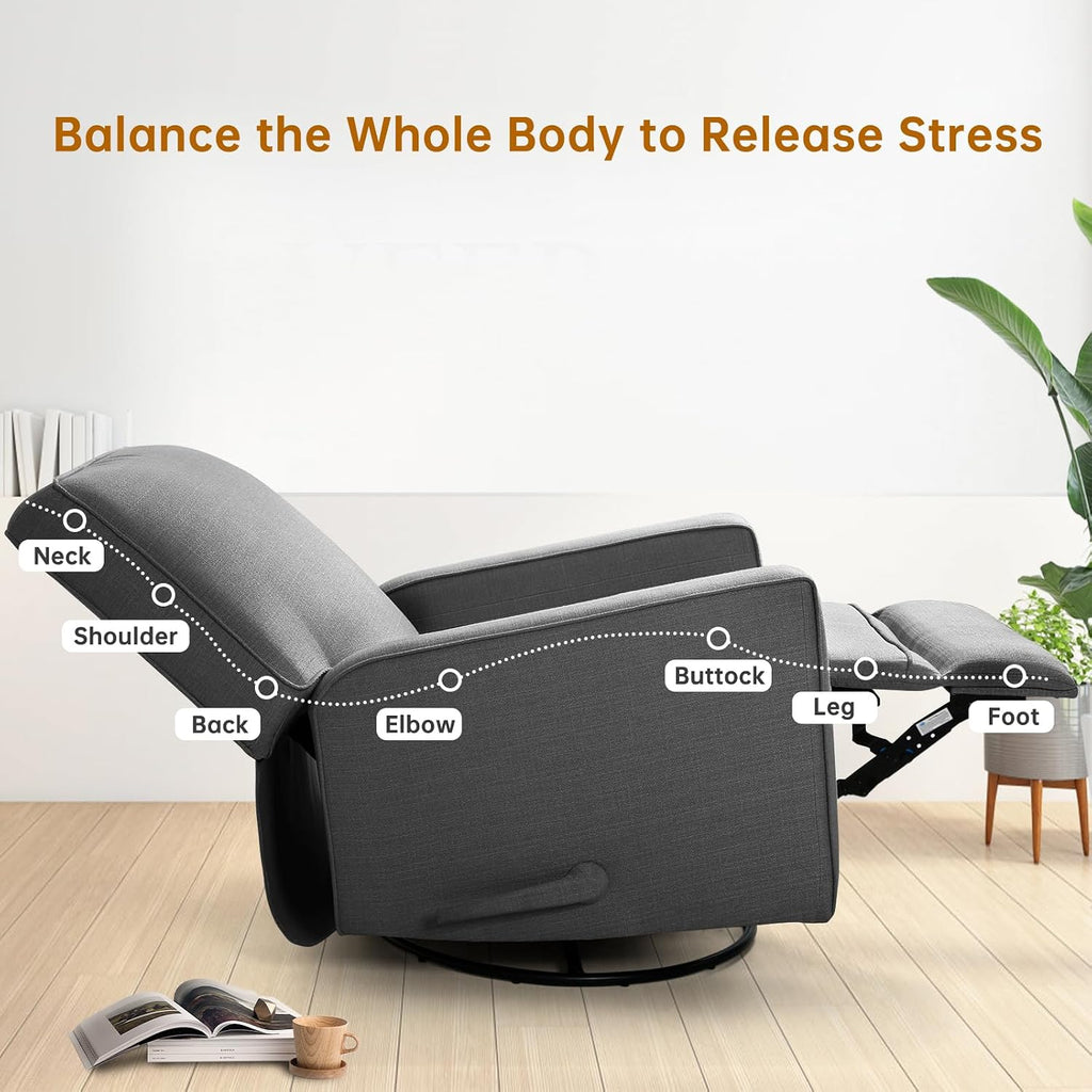 Swivel Rocker Recliner Chair for Adults, High Back Fabric Recliner with Deep Seat, Manual Glider for Living Room & Nursery, Charcoal