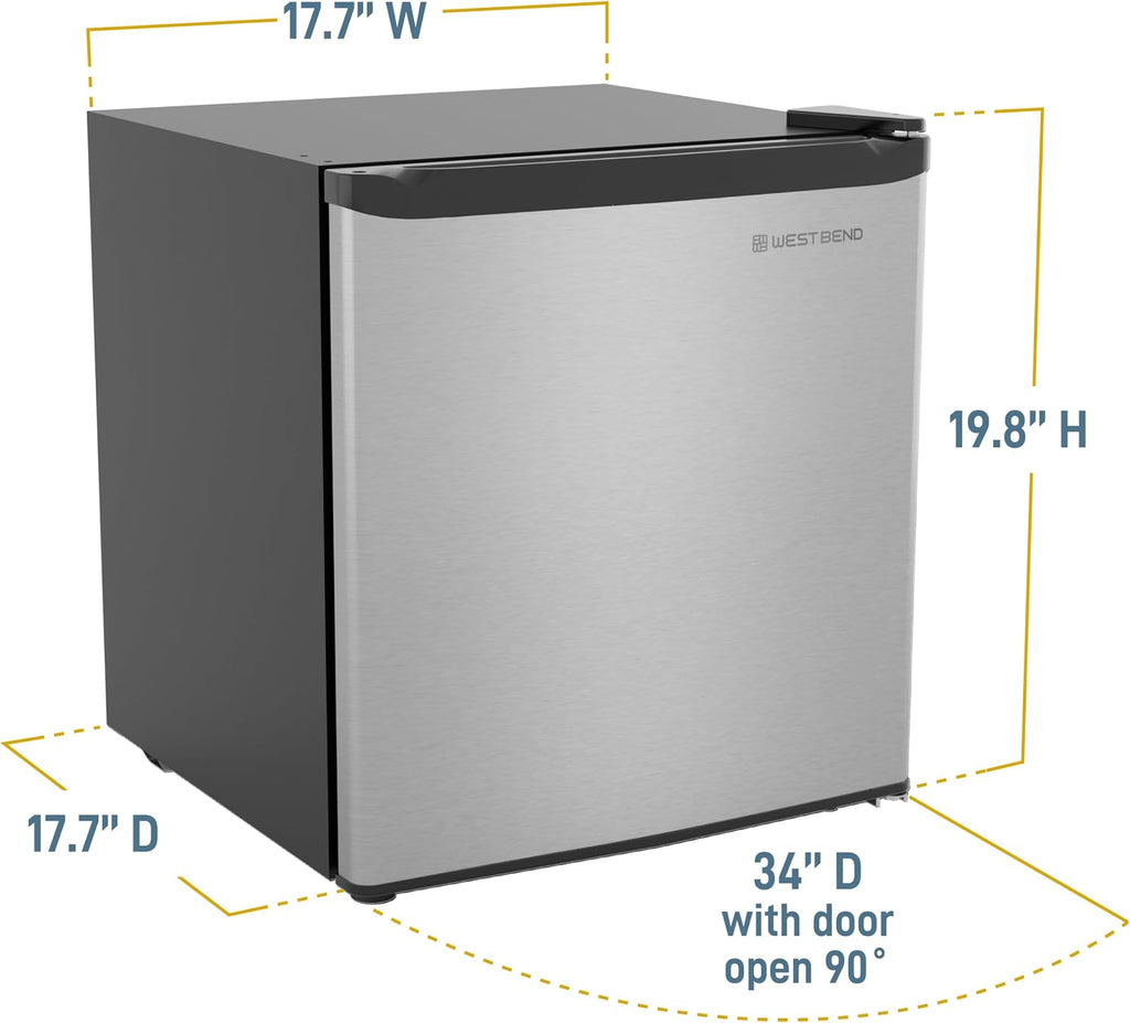 West Bend Mini Fridge Compact Refrigerator for Home Office or Dorm, Auto Defrost with Reversible Door, Energy Star Rated, 1.6-Cu.Ft., Stainless Steel