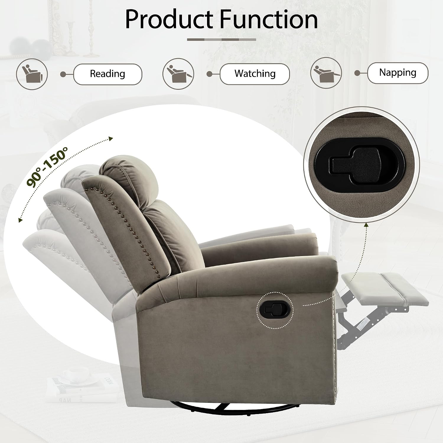 JIVOIT 360° Swivel Recliner Chair with Adjustable Backrest, Manual Rocking Recliner Home Theater Manual Recliner Chair with Metal Base and Velvet Fabric for Living Room (Light Brown, 2)