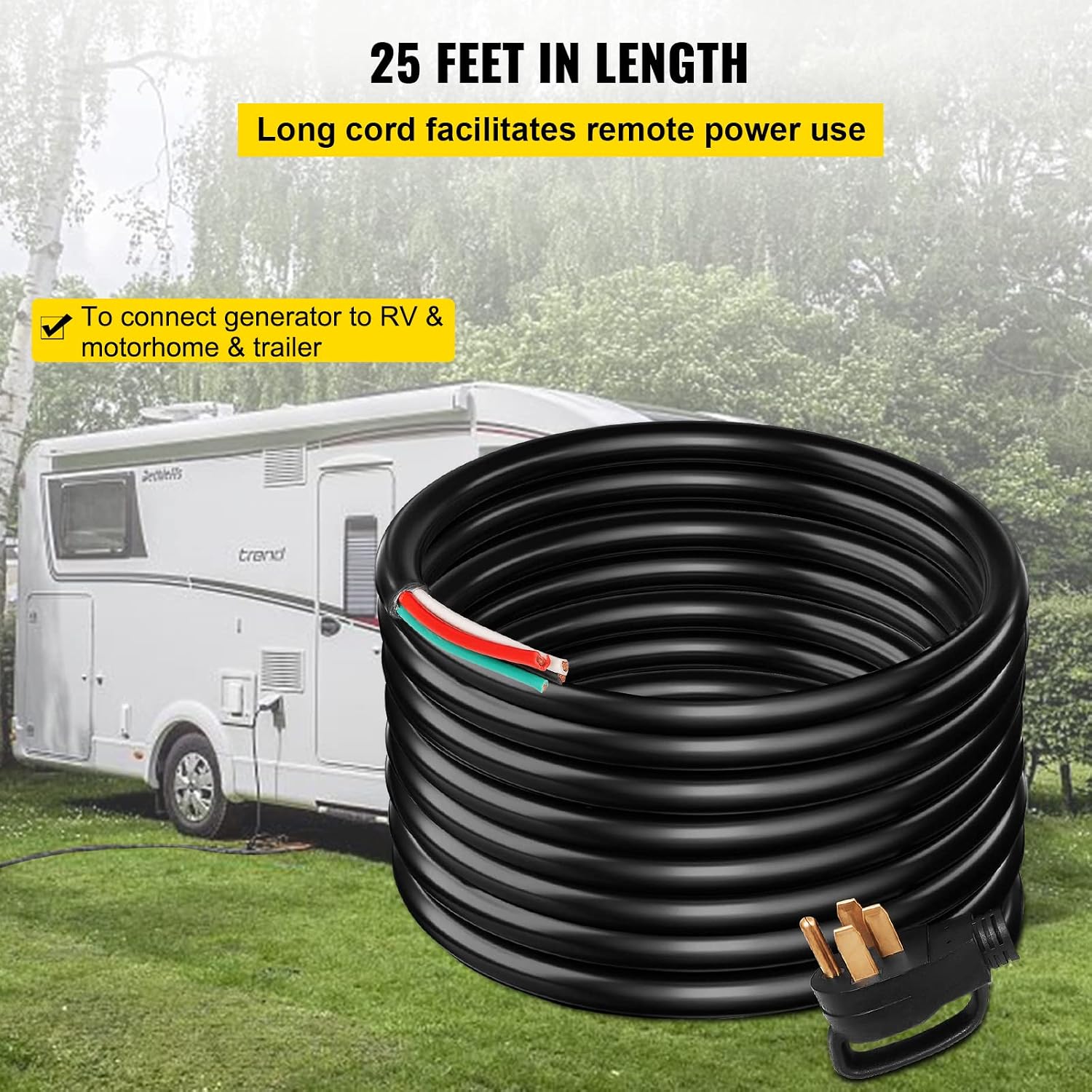 VEVOR 25 FT 50 Amp Generator Extension Cord 6/3+8/1 AWG STW 50A RV Power Cord NEMA 14-50P to Bare Wire Cut Cord for Manual Transfer Switch Home Backup Camper Trailer Temporary Power ETL Certified