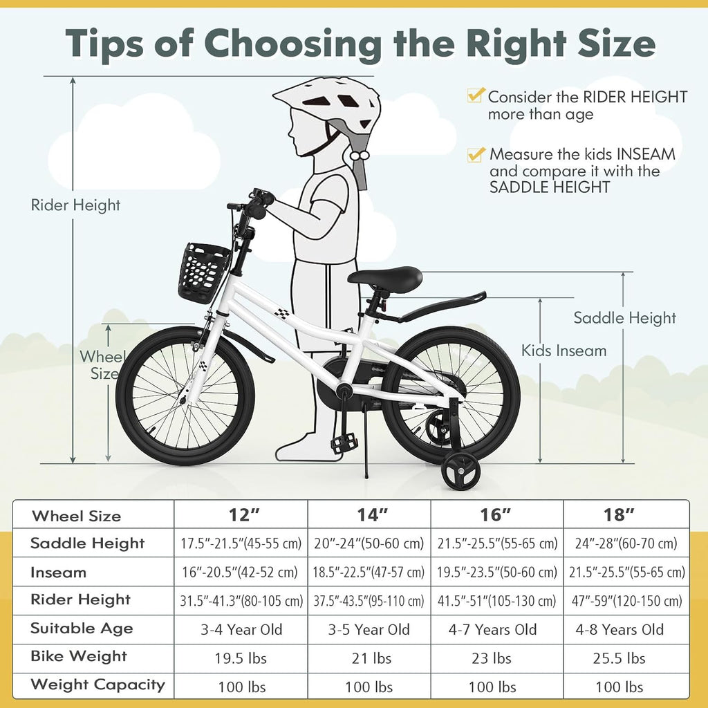 COSTWAY Kids Bike, 12 14 16 18 20 Inch Toddler Bike for Boys & Girls Aged 3-8 Years Old, Kids Bicycle w/Removable Training Wheels, Handbrake & Coaster Brake, Basket, Bell