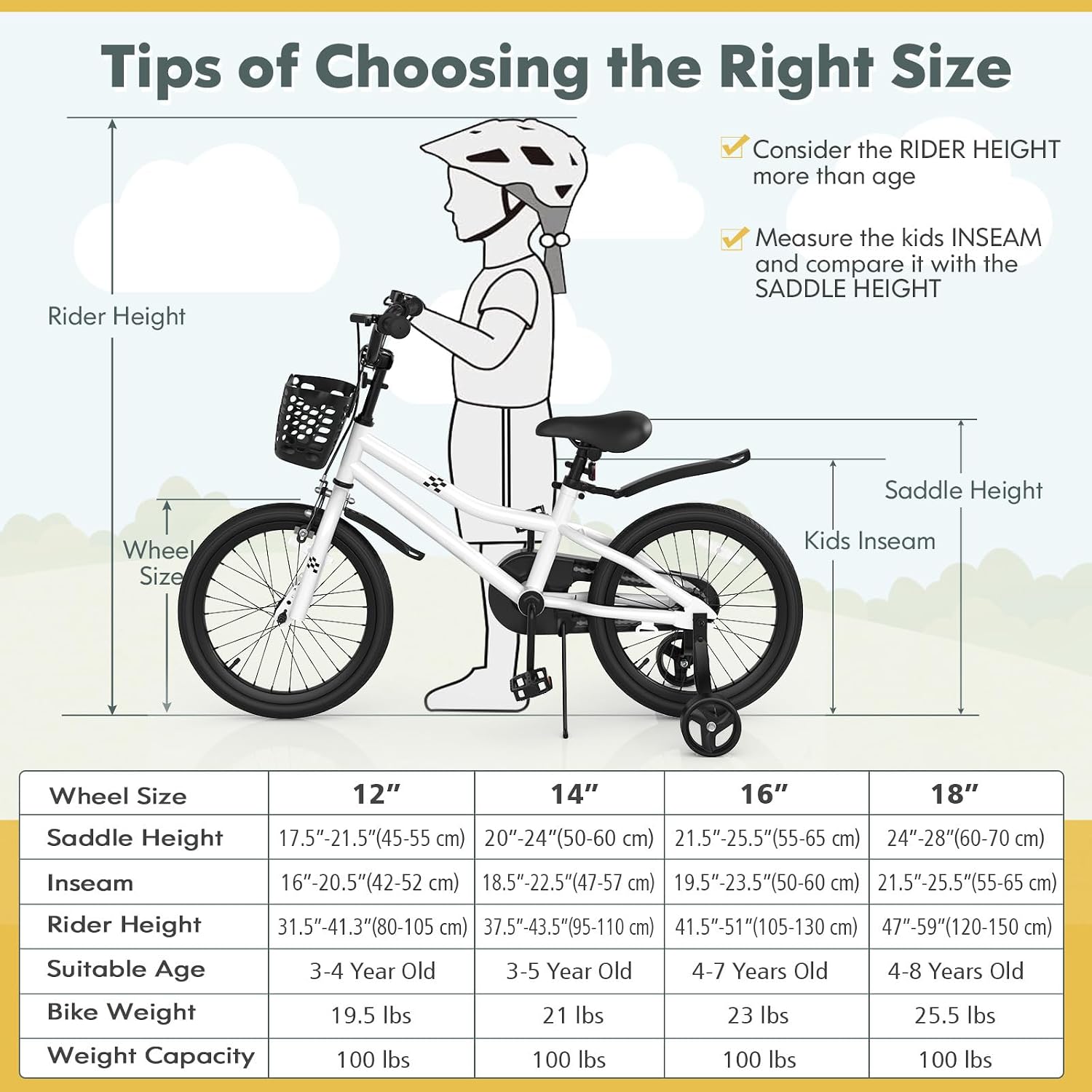 COSTWAY Kids Bike, 12 14 16 18 20 Inch Toddler Bike for Boys & Girls Aged 3-8 Years Old, Kids Bicycle w/Removable Training Wheels, Handbrake & Coaster Brake, Basket, Bell