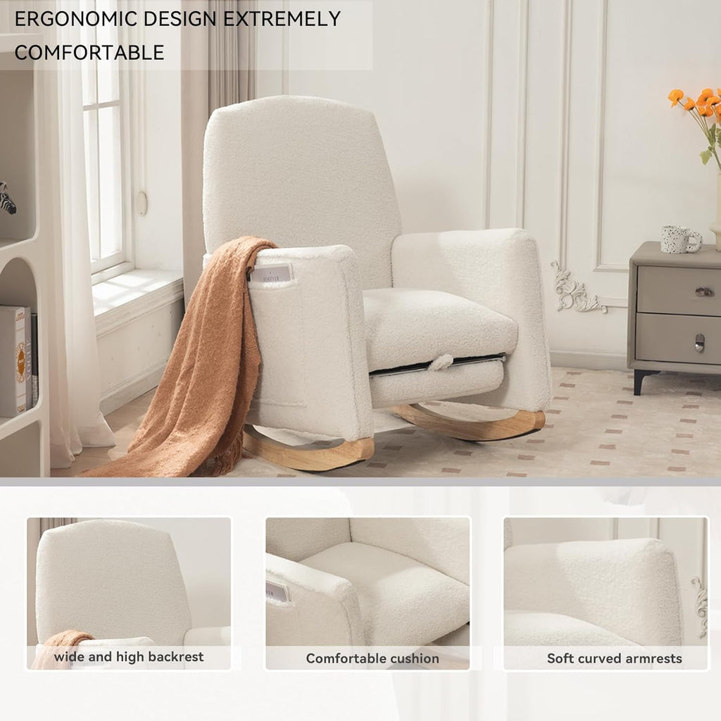 FOXHUNTER Rocking Chair Nursery with Adjustable Footrest and High Backrest, Upholstered Glider Chairs with Side Pockets for Nursery, Rocker Armchair Indoor for Living Room,White