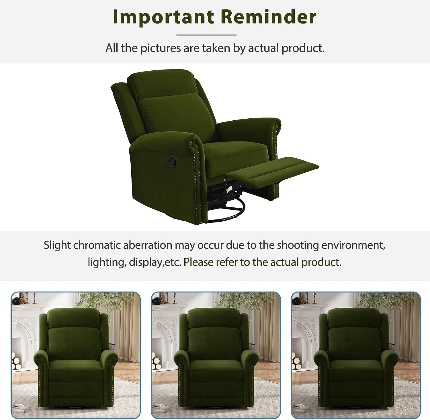 JIVOIT 360° Swivel Recliner Chair with Adjustable Backrest, Manual Rocking Recliner Home Theater Manual Recliner Chair with Metal Base and Velvet Fabric for Living Room (Green, 2)