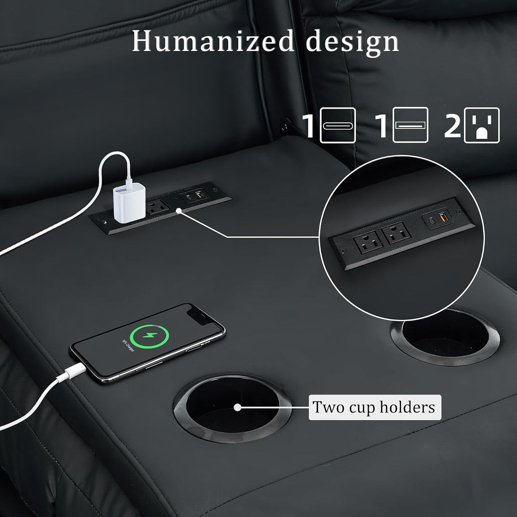 Korser Recliner Sofa, Reclining Loveseat with Console, Oversized Reclining Couch with Drop Down Table, 3-Seater Sofa with Cup Holder and Recessed Power Strip, Black