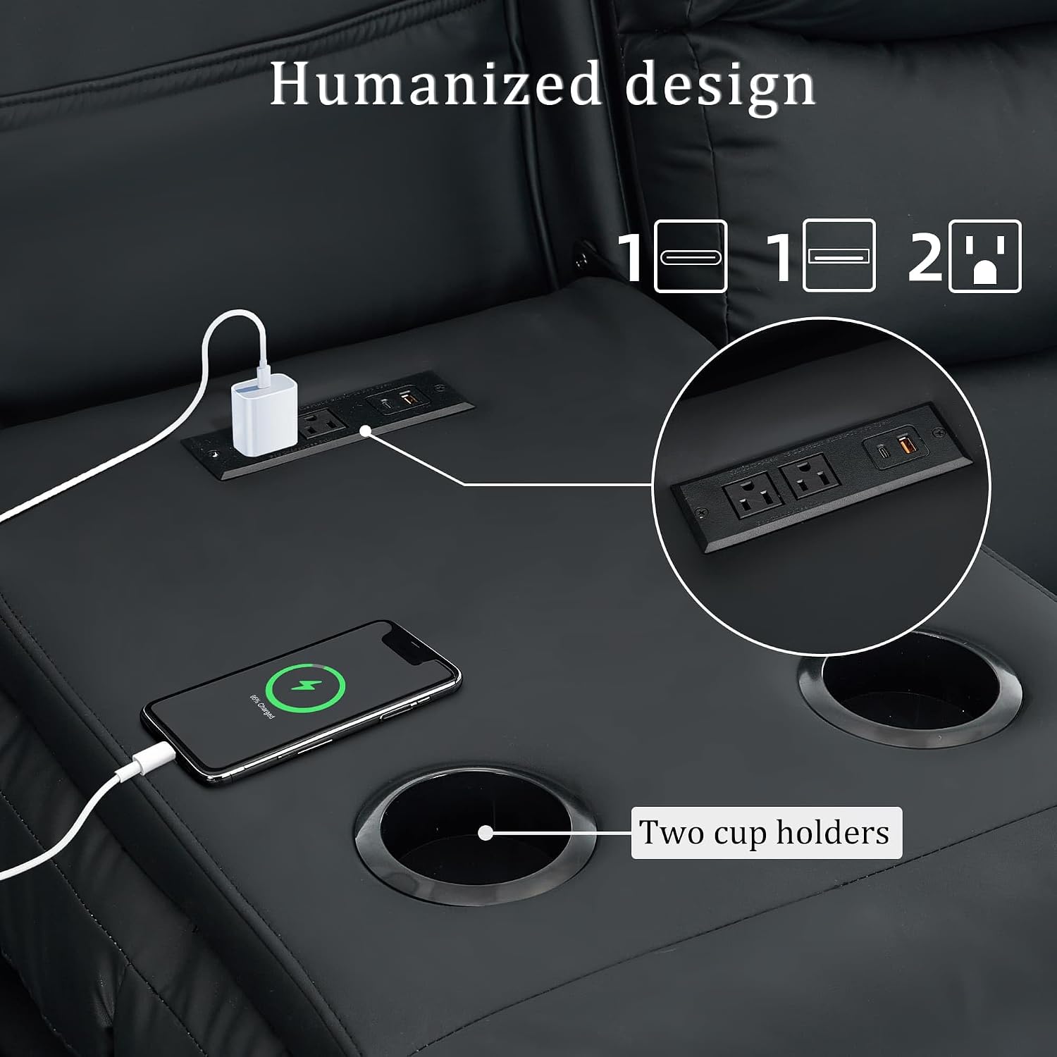 Korser Recliner Sofa, Reclining Loveseat with Console, Oversized Reclining Couch with Drop Down Table, 3-Seater Sofa with Cup Holder and Recessed Power Strip, Black
