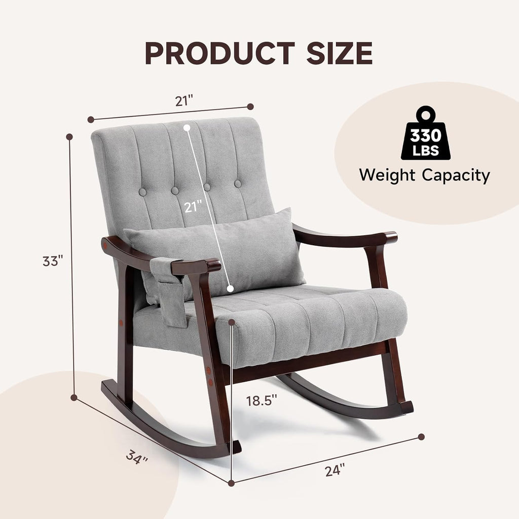 AVAWING Upholstered Rocking Chair Set of 2, Small Fabric Glider Rocker with 2-Point Massage Lumbar Pillow and Solid Wood Legs, for Bedroom and Living Room, Light Grey
