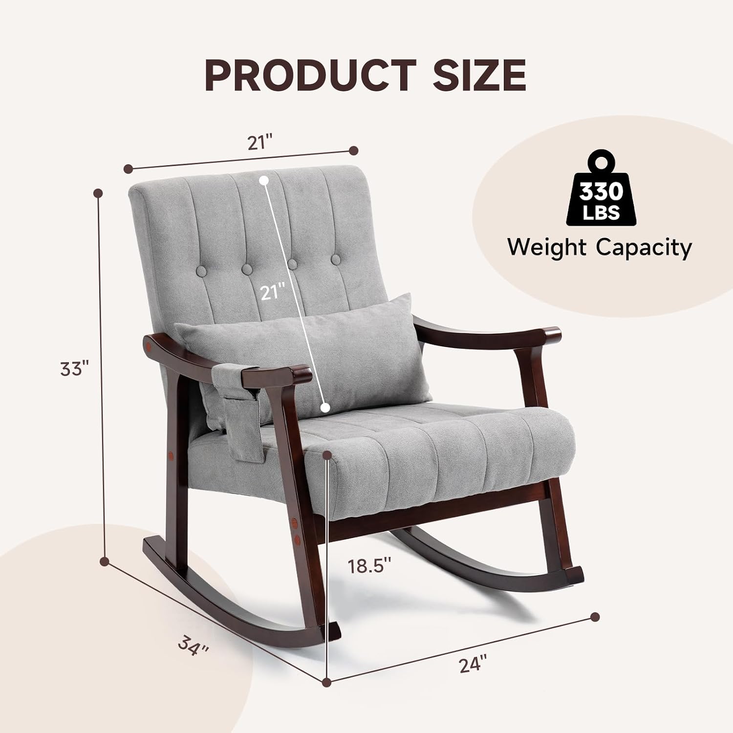 AVAWING Upholstered Rocking Chair Set of 2, Small Fabric Glider Rocker with 2-Point Massage Lumbar Pillow and Solid Wood Legs, for Bedroom and Living Room, Light Grey