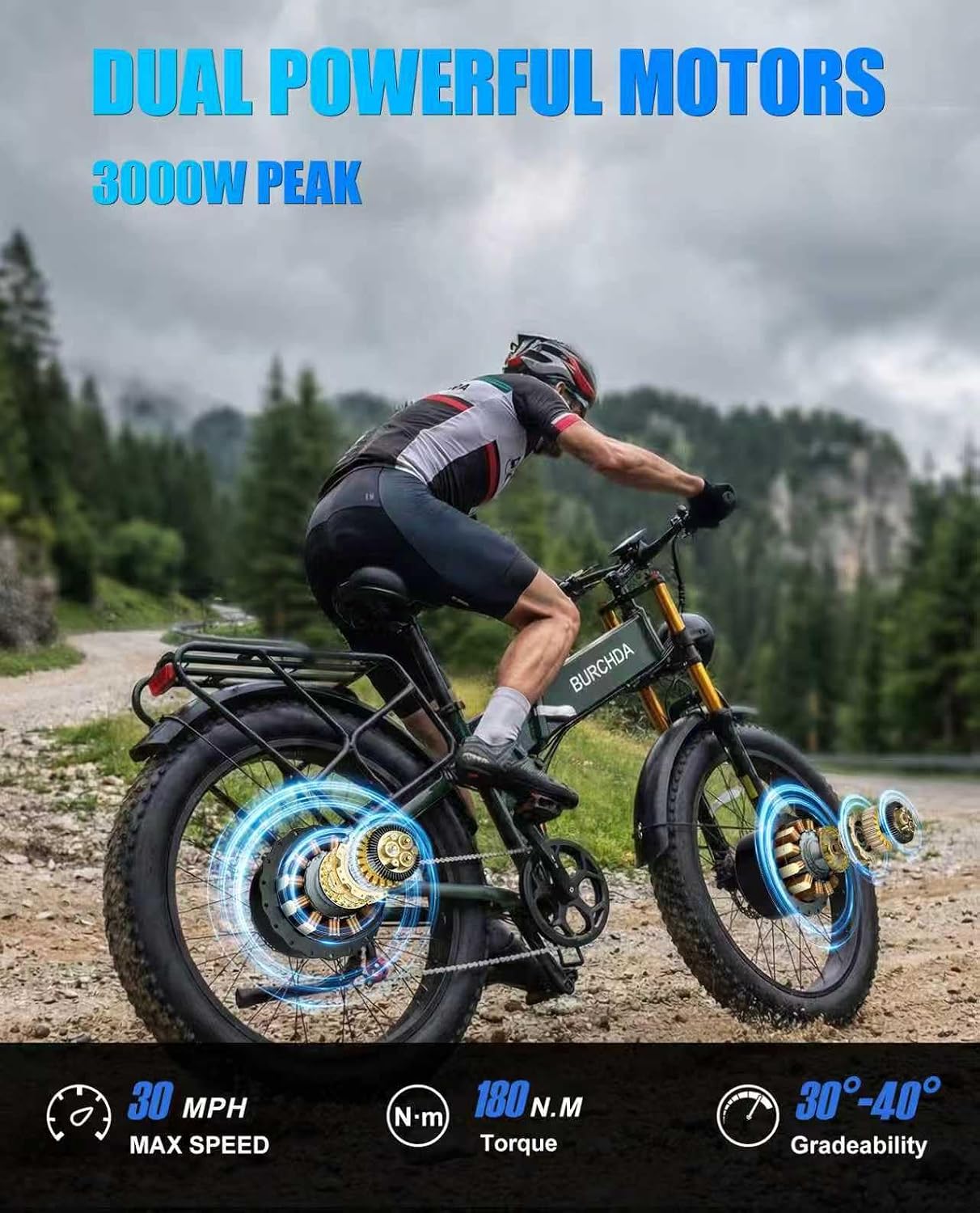 2026 Dual Motor Electric Bike for Adults AWD 5000W/3000W Peak 40 MPH/30 MPH E Dirt Bike, 52V/48V Removable Battery 65/80/150 Miles Max Long Range with Full Suspension 26' Fat Tires Mountain Bike