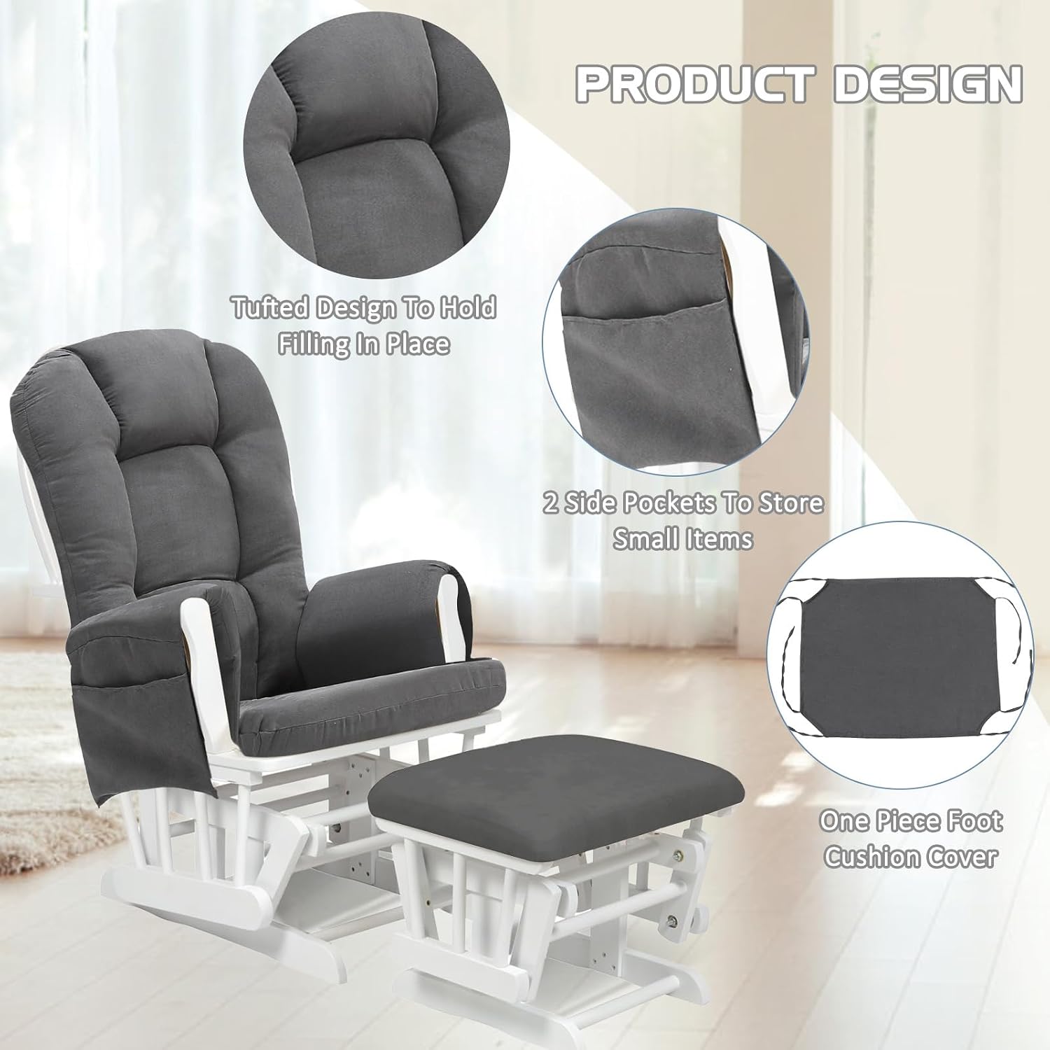BECHAEO 5PCS Suede Glider Rocker Replacement Cushions with Ottoman Cover Thicken Soft Rocking Chair Cushion Set for Indoor Nursery Glider Rocking Chair, Dark Gray