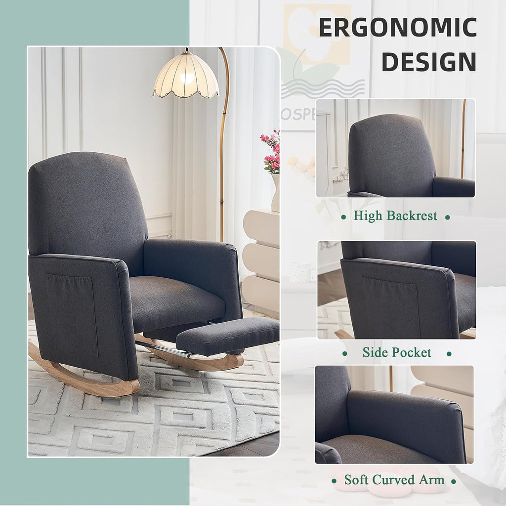 Rocking Chair Nursery with Foot Rest, Nursing Rocking Chair with High Backrest, Glider Rocker Chair for Living Room, Bedroom, Nursery(Cotton Linen Dark Gray)