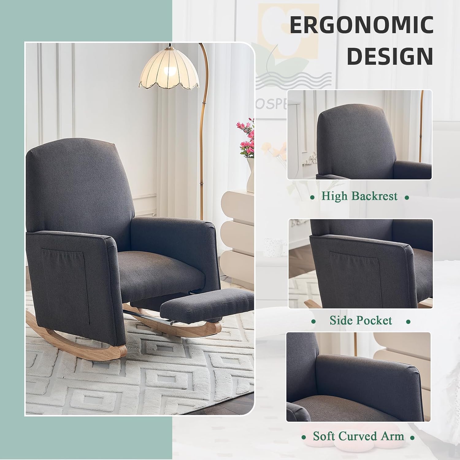 Rocking Chair Nursery with Foot Rest, Nursing Rocking Chair with High Backrest, Glider Rocker Chair for Living Room, Bedroom, Nursery(Cotton Linen Dark Gray)