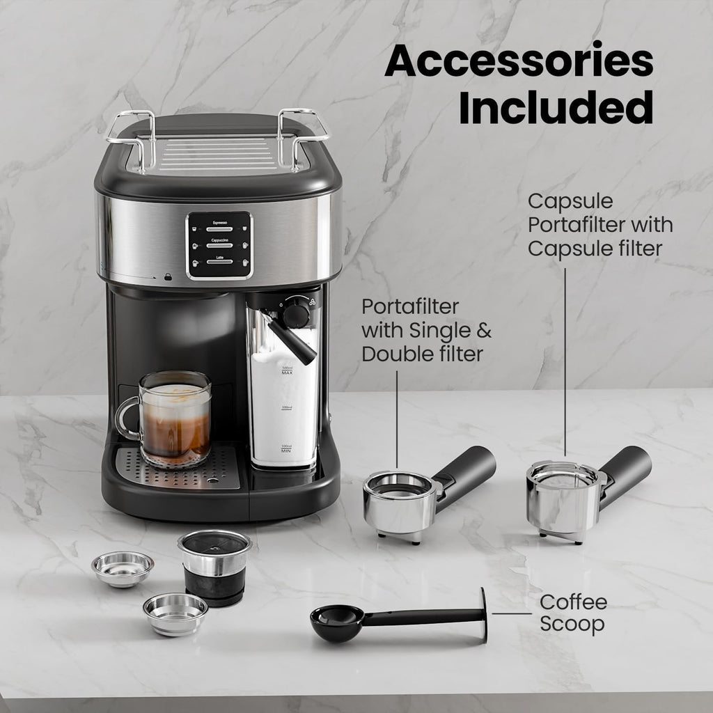Electactic 20 Bar Professional Compact Espresso Cappuccino Machine with Auto Milk Frother, Stainless Steel Coffee Maker for Cappuccino, Latte