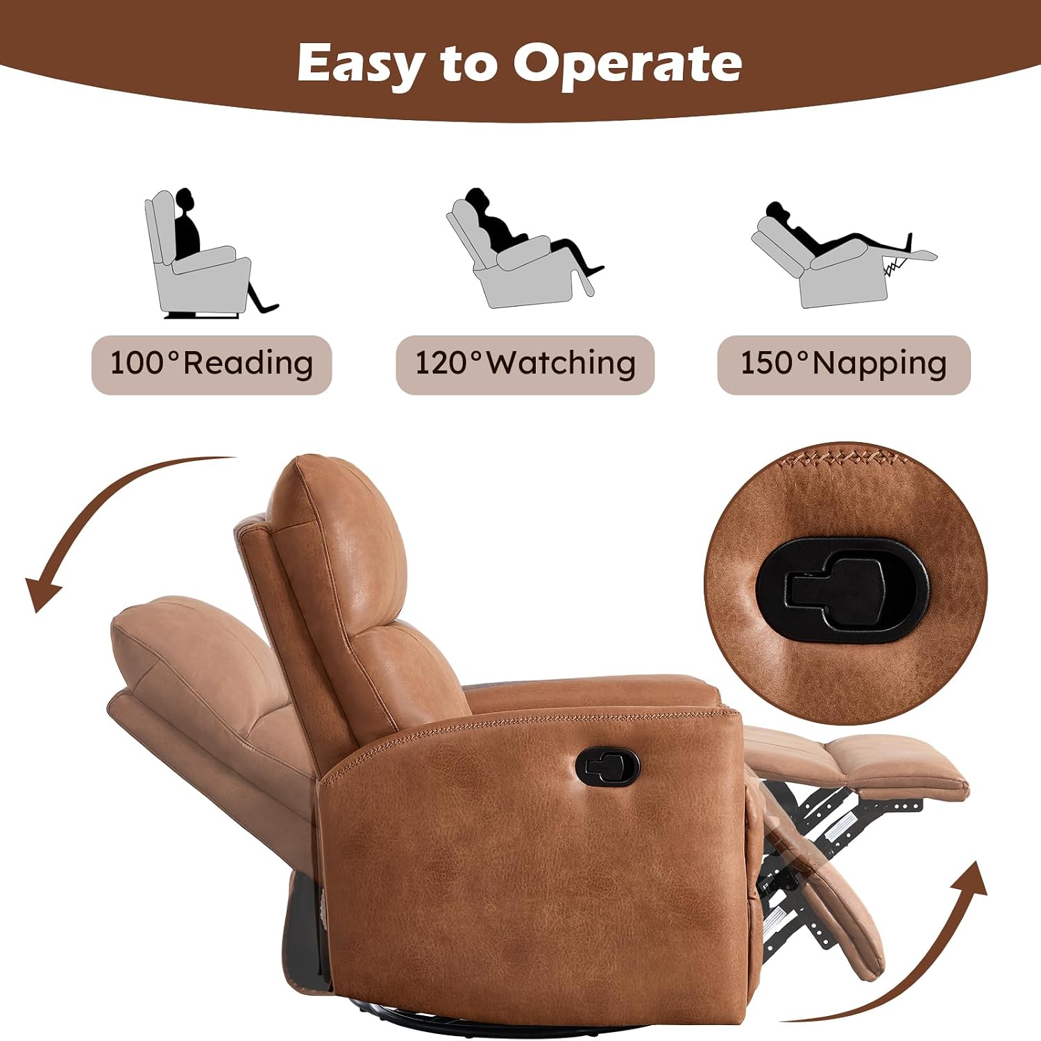 ANJ Manual Swivel Rocker Recliner, Glider Recliners with Padded Armrest and Backrest, Soft Leather Nursery Rocking Recliner Chair Reclining Sofa for Living Room