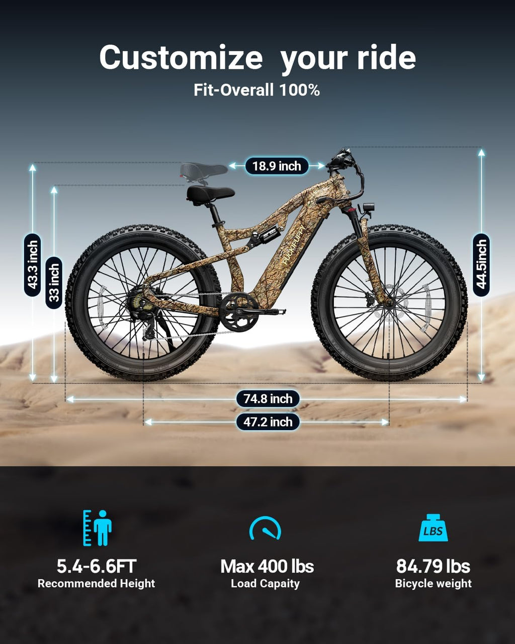 PUCKIPUPPY Electric Bike for Adults 1350W Peak, 28 MPH, 48V 20AH Battery Ebike, 26'x4' Fat Tire Full Suspension Electric Mountain Bike, 80 Miles Range, 8 Speed, Torque Sensor Labrador Pro
