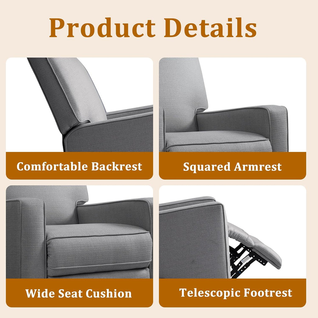 Swivel Rocker Recliner Chair for Adults, High Back Fabric Recliner with Deep Seat, Manual Glider for Living Room & Nursery, Charcoal