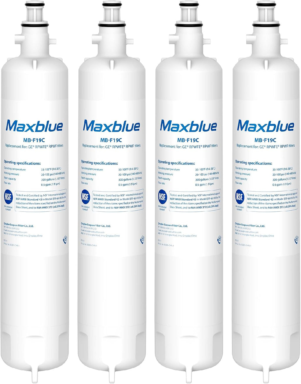 Maxblue MB-F19C Replacement for GE® RPWFE®, RPWF (with CHIP) Refrigerator Water Filter, Compatible with WSG-4, WF277, GFE28GMKES, PFE28KBLTS, GFD28GSLSS, PWE23KSKSS, GYE22HMKES, DFE28JSKSS, 4 Filters