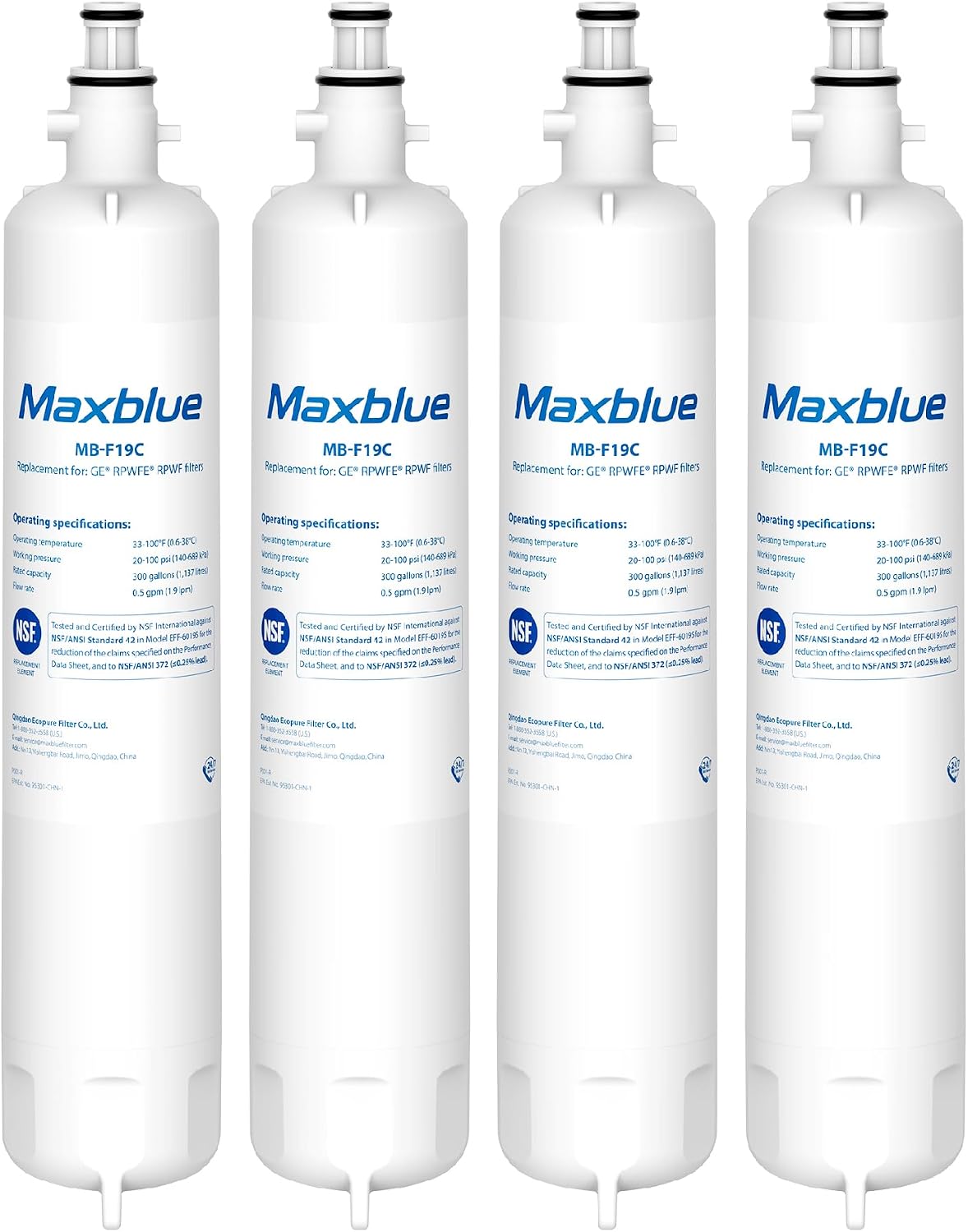 Maxblue MB-F19C Replacement for GE® RPWFE®, RPWF (with CHIP) Refrigerator Water Filter, Compatible with WSG-4, WF277, GFE28GMKES, PFE28KBLTS, GFD28GSLSS, PWE23KSKSS, GYE22HMKES, DFE28JSKSS, 4 Filters