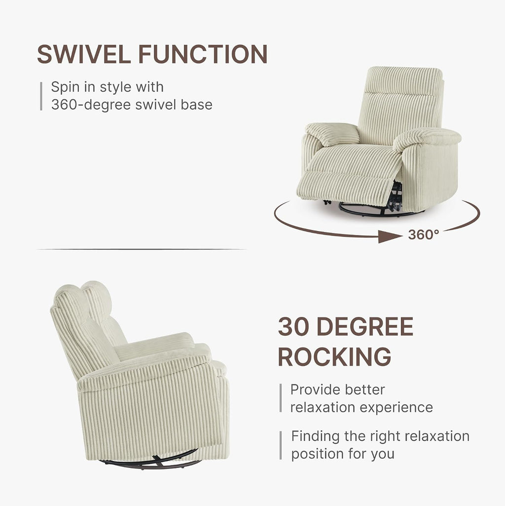 KISLOT Swivel Rocker Recliner for Adults, Corduroy 360 Degree Swivel Glider Recliner Manual 3-Position Adjustable Easy Assembly for Small Space Living Room Nursery Bedroom