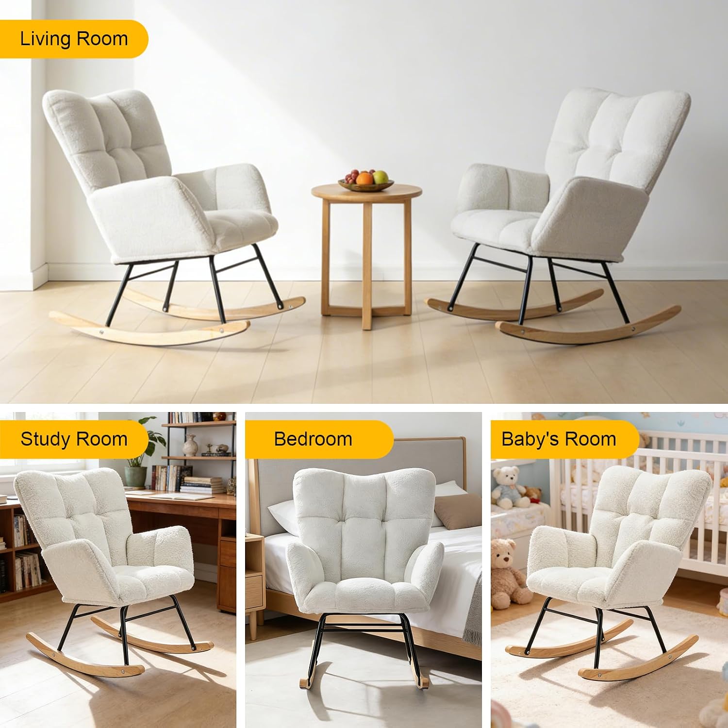 Teddy Glider Rocker Chair, Upholstered Rocking Chair for Nursery, Accent Chair with Headrest/Side Pocket, Comfy Baby Rocker Armchair & Adult Rocking Chair (Teddy, White Without Headrest, Single)