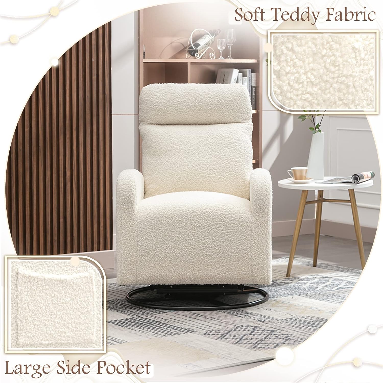 Modern Swivel Glider Chair, Upholstered Accent Glider Rocker for Baby Nursery, Comfy Tall Back Rocking Armchair with Side Pocket and Headrest for Living Room, Bedroom, White Teddy Fabric