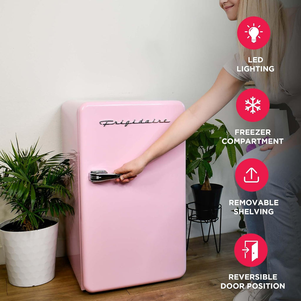 Frigidaire Retro Compact Refrigerator with Chiller, 3.2 cu ft Countertop Fridge, Built-In Bottle Opener, Rounded Corners, Premium, for Office, Bedroom, Dorm Room, Cabin, 18.5D x 20W x 31.5H (Pink)