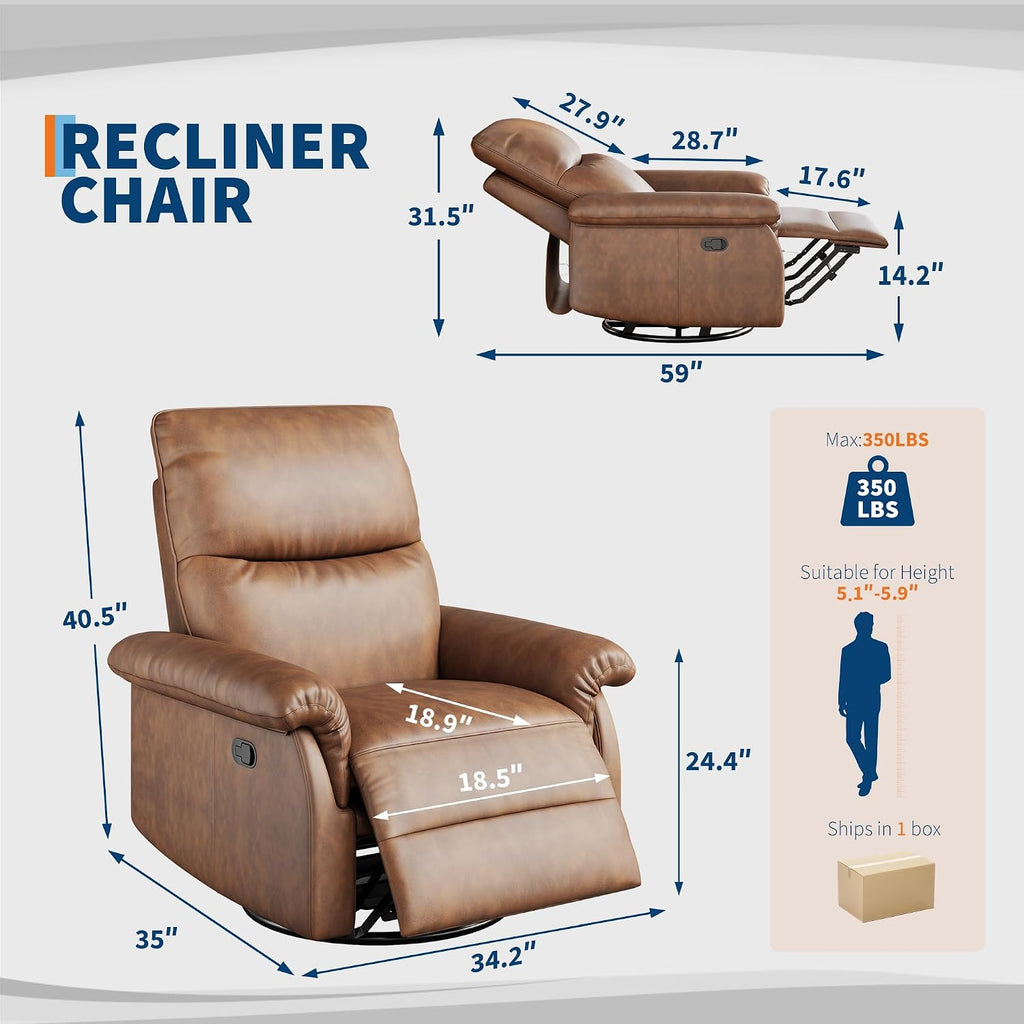 IDEALHOUSE Manual Recliner Chair, 360° Swivel Rocker Glider Recliner with Padded Armrests, Modern PU Leather Upholstered Reclining Chair for Living Room Bedroom and Nursery (Orange)