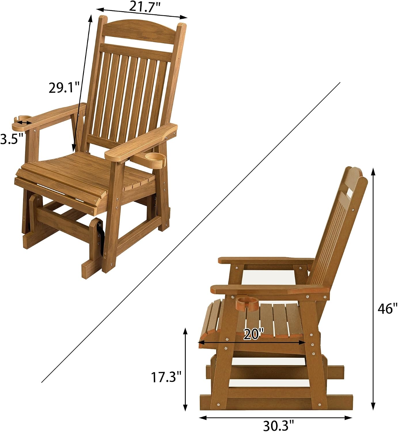 Poly Lumber Patio Glider for One Person, with Cup Holders, High Backrest and Deep Contoured Seat, HIPS Material, All-Weather Resistant, Heavy Duty 700 LBS (Light Brown)
