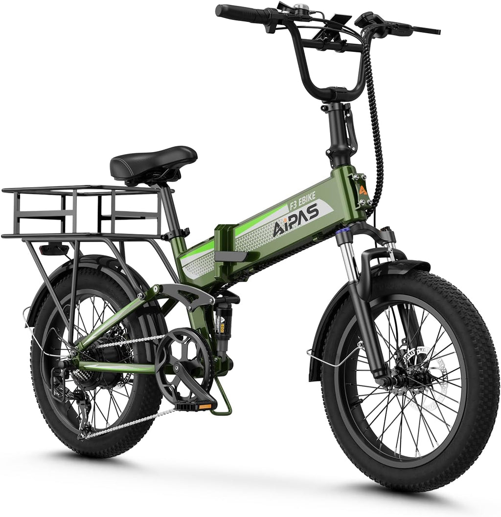 Aipas F3 Electric Bike for Adults with 1500W Motor Peak, 48V 12.8Ah Removable Battery Max 62 Miles 28MPH,20' x 3.0 Fat Tire Folding Electric Bike with 7-Speed and Full Suspension.