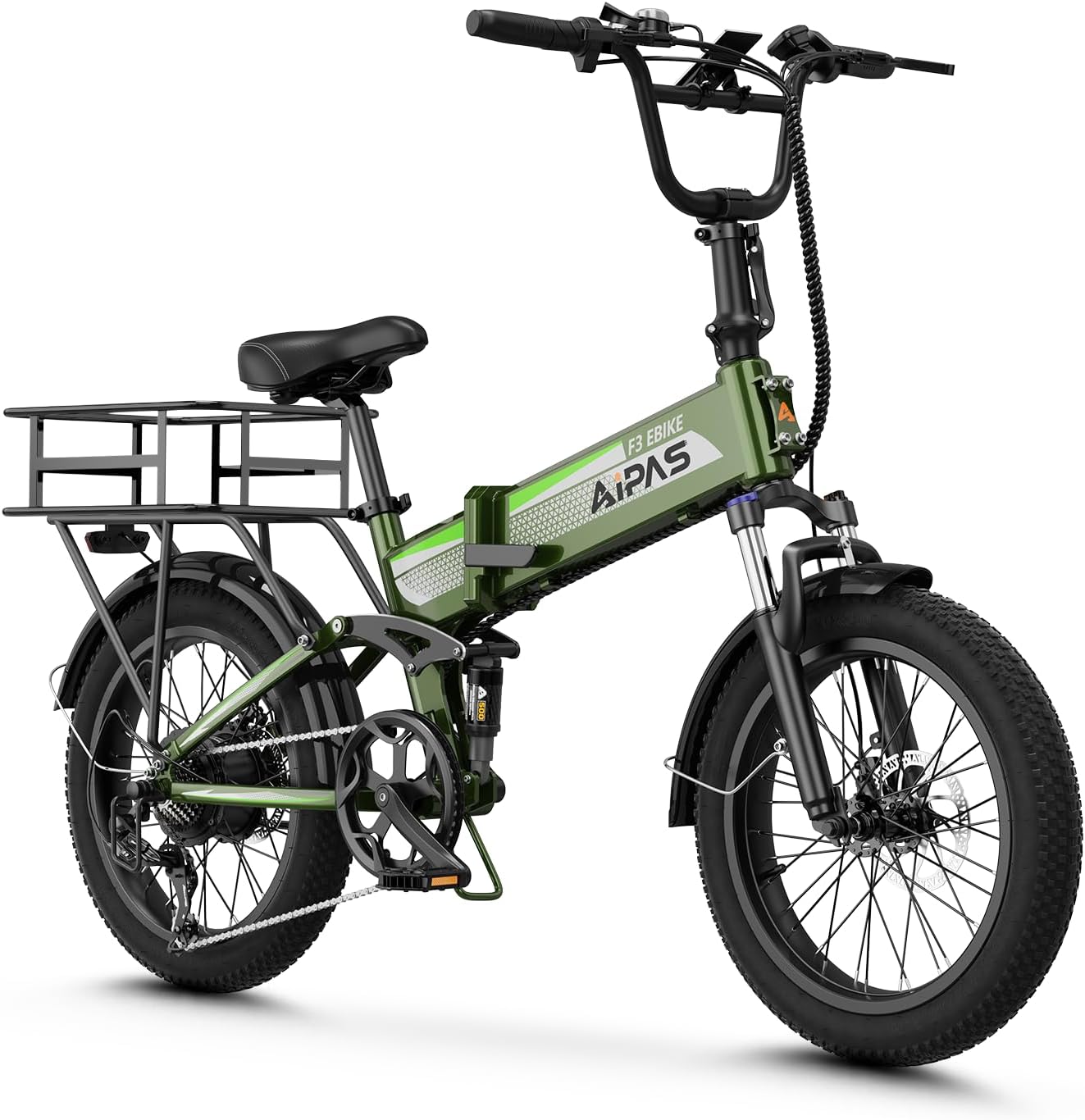 Aipas F3 Electric Bike for Adults with 1500W Motor Peak, 48V 12.8Ah Removable Battery Max 62 Miles 28MPH,20' x 3.0 Fat Tire Folding Electric Bike with 7-Speed and Full Suspension.