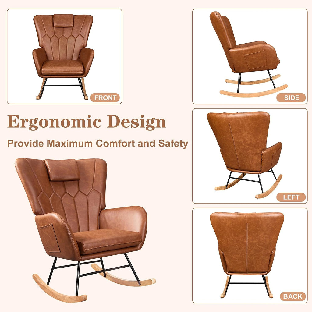 VECELO Rocking Chair Nursery with Thick Headrest, Modern Teddy Upholstered Reading Glider Rocker Accent Armchair with High Backrest, Padded Seat, Side Pocket, for LivingRoom, Bedroom, Baby Room, Brown
