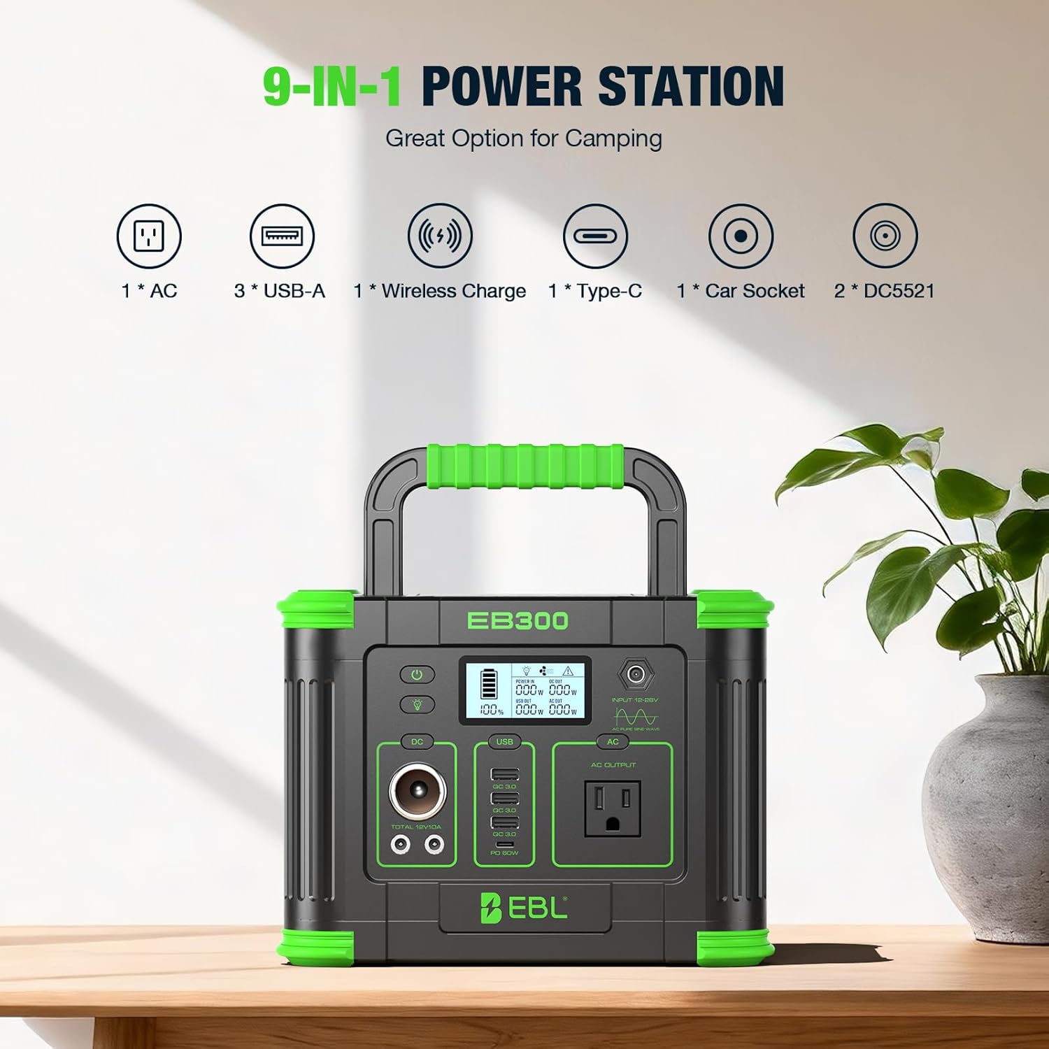 EBL Portable Power Station 288.6Wh 330W Solar Generator Pure Sine Wave AC Output (600W Peak) with 5W Wireless Charger, SOS LED Light & Multi-Port Design for Camping Home Emergency RV CPAP