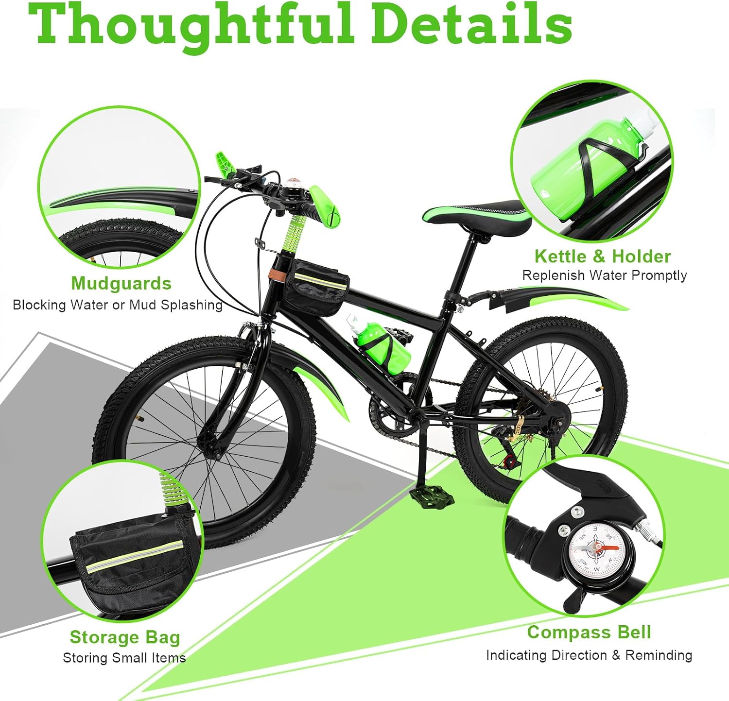 20 Inch Kids Mountain Bike - 7-Speed Children's Bike w/Dual Disc Brakes - Heavy Duty Steel Frame for Boys & Girls Age 8-12 - Trail/City Riding (Green)