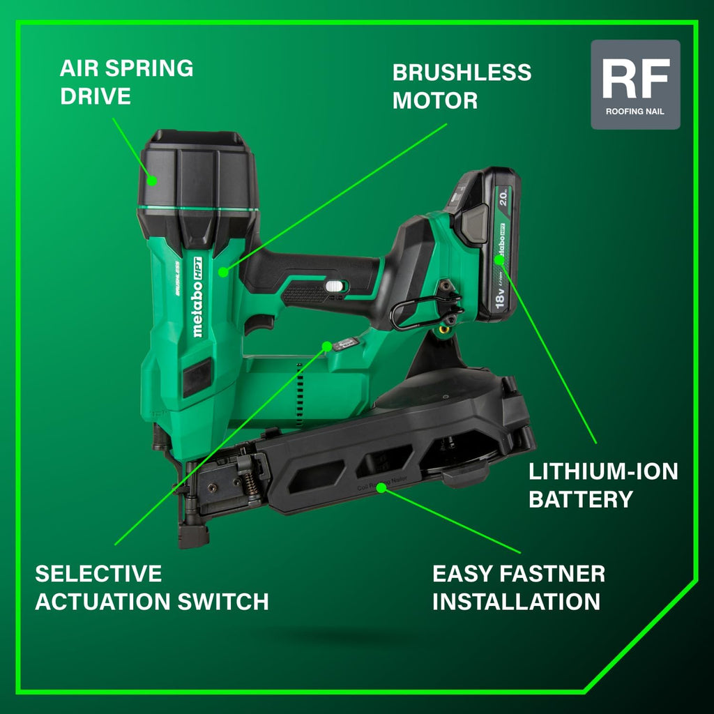 Metabo HPT 18V MultiVolt Brushless Cordless Coil Roofing Nailer Kit, 1-3/4' Coil Roofing Nailer with Power Tool 2.0Ah Lithium Ion Battery, Drives 7/8' to 1-3/4' Nails, NV1845DA
