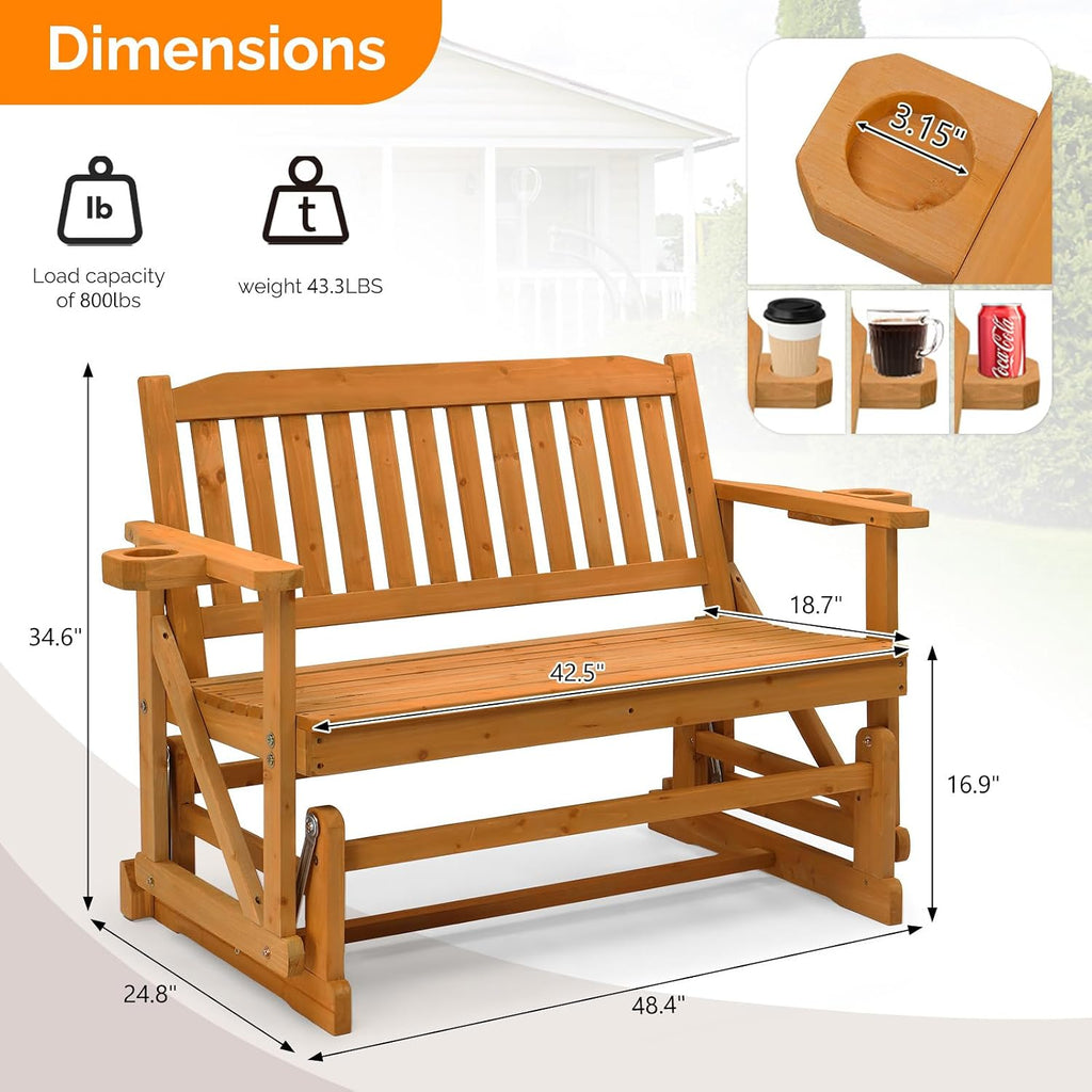 VINGLI 2-Person Outdoor Glider Bench, Patio Glider with Cup Holders, Outdoor Rocking Chair Loveseat for Backyard Garden Porch, Teak
