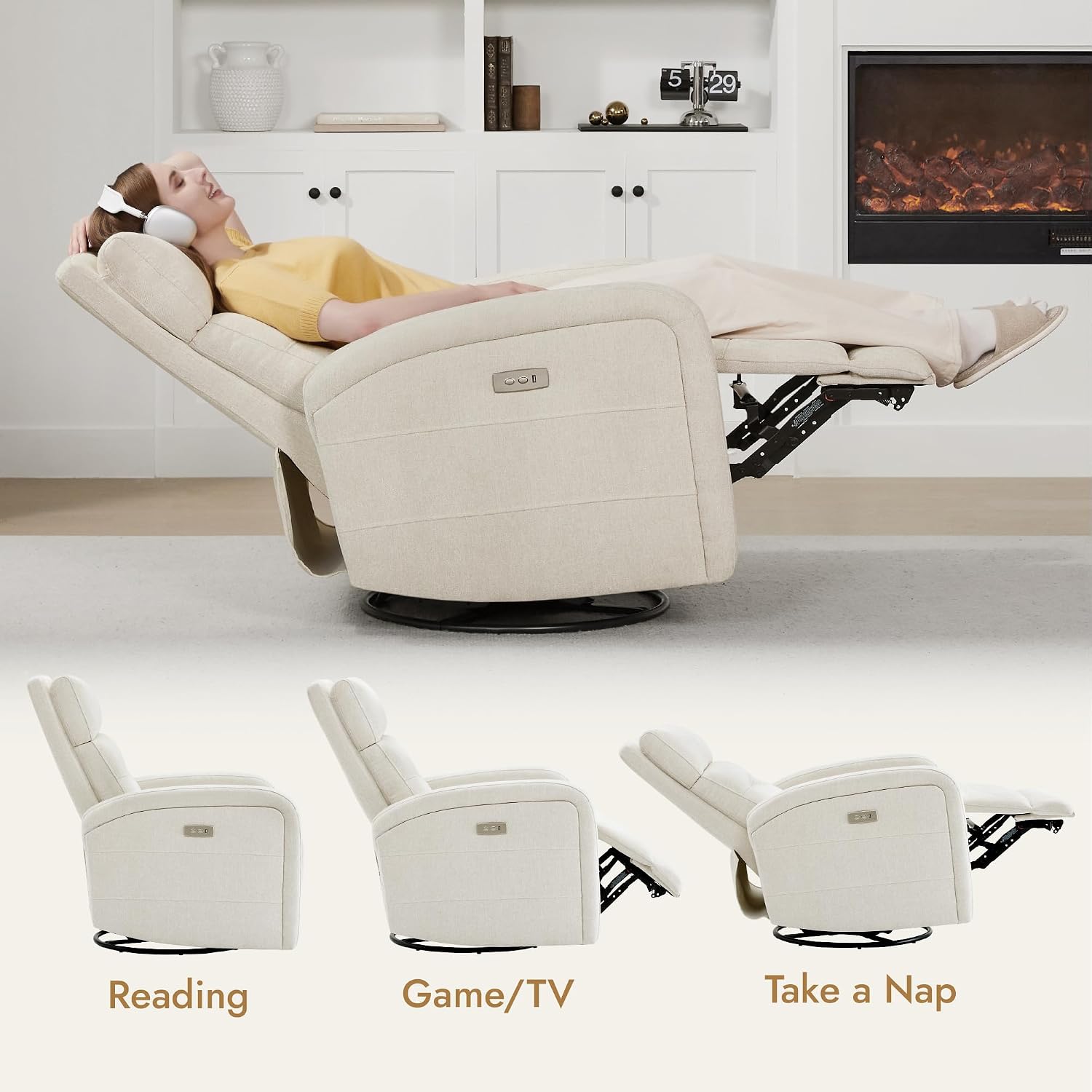 Watson & Whitely Swivel Power Recliner Glider Rocker, Nursery Recliner with Charging Port for Living Room, Fabric in Linen